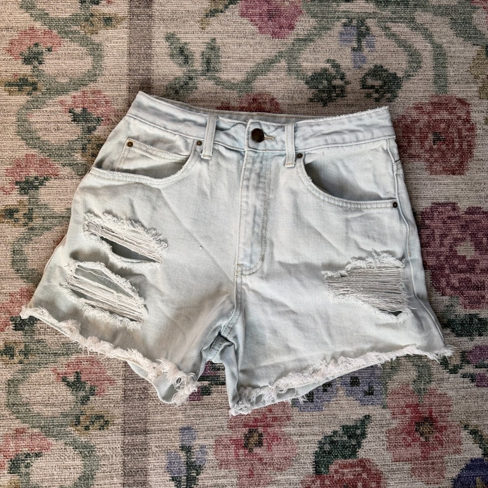 Distressed Super Light Wash Denim Shorts